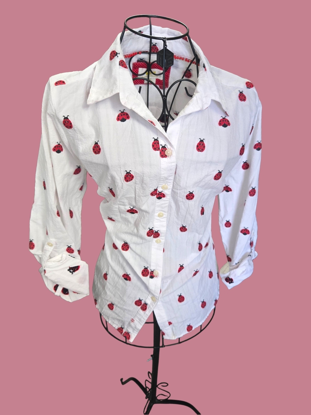White Ladybug Print Button-Down Shirt